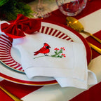 Christmas Cardinal Bird – 100% Linen Embroidered Dinner Napkin (Sold Individually)