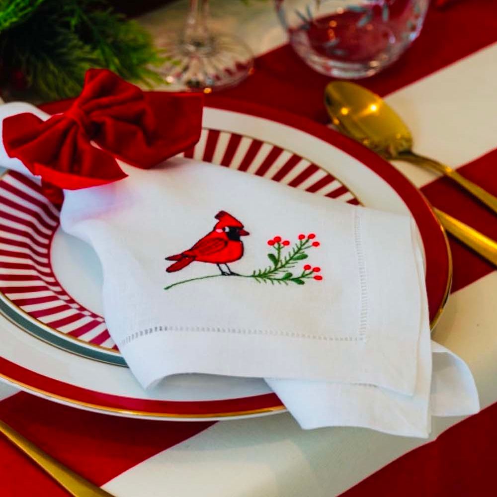 Christmas Cardinal Bird – 100% Linen Embroidered Dinner Napkin (Sold Individually)