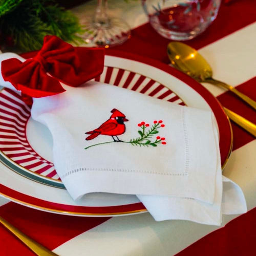 Christmas Cardinal Bird – 100% Linen Embroidered Dinner Napkin (Sold Individually)