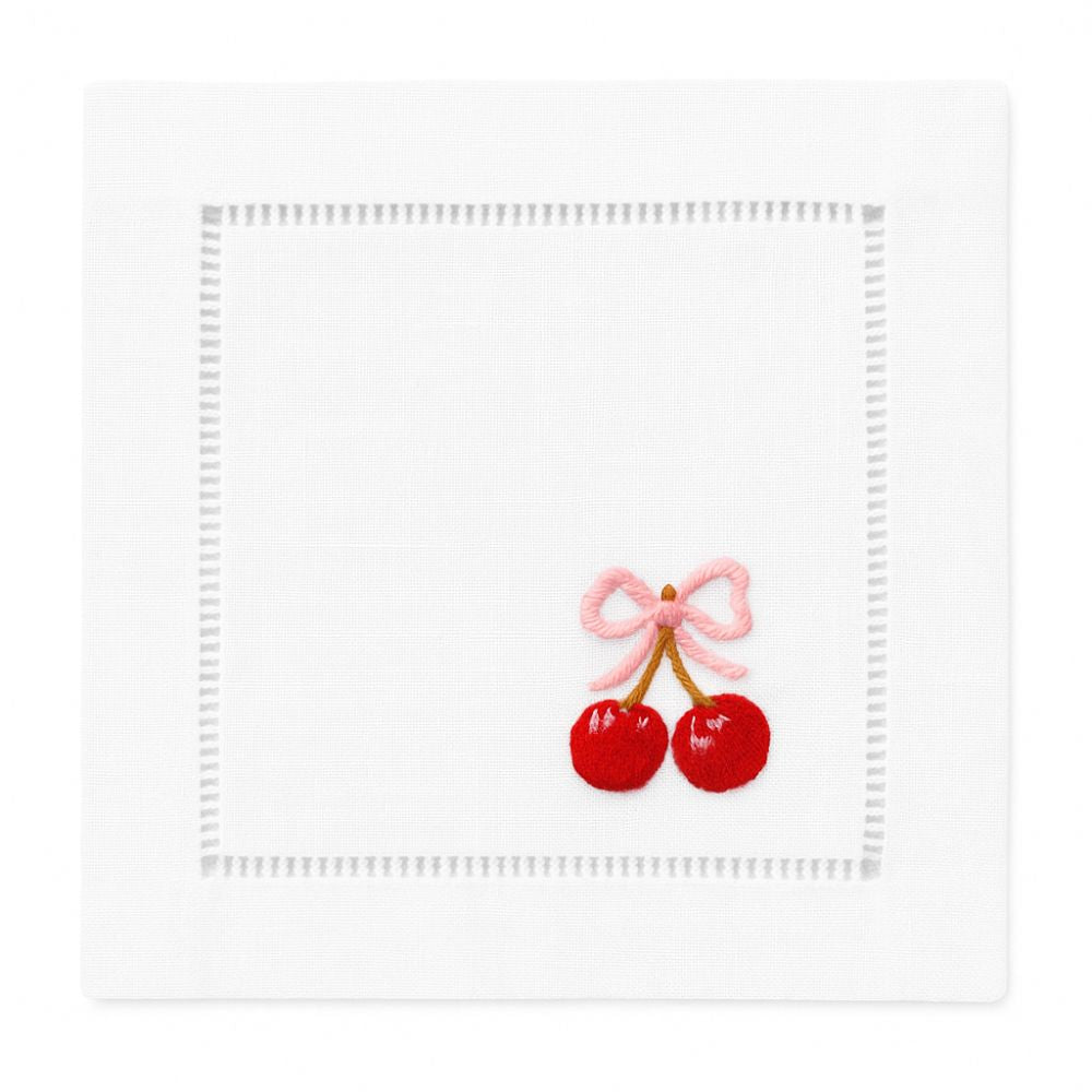Cherry – 100% Linen Embroidered Cocktail Napkins (Set of 4)