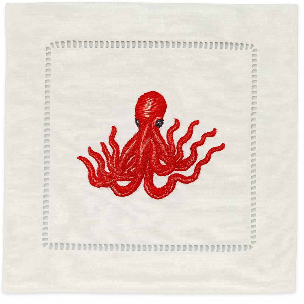 Octopus – 100% Linen Embroidered Cocktail Napkins (Set of 4)