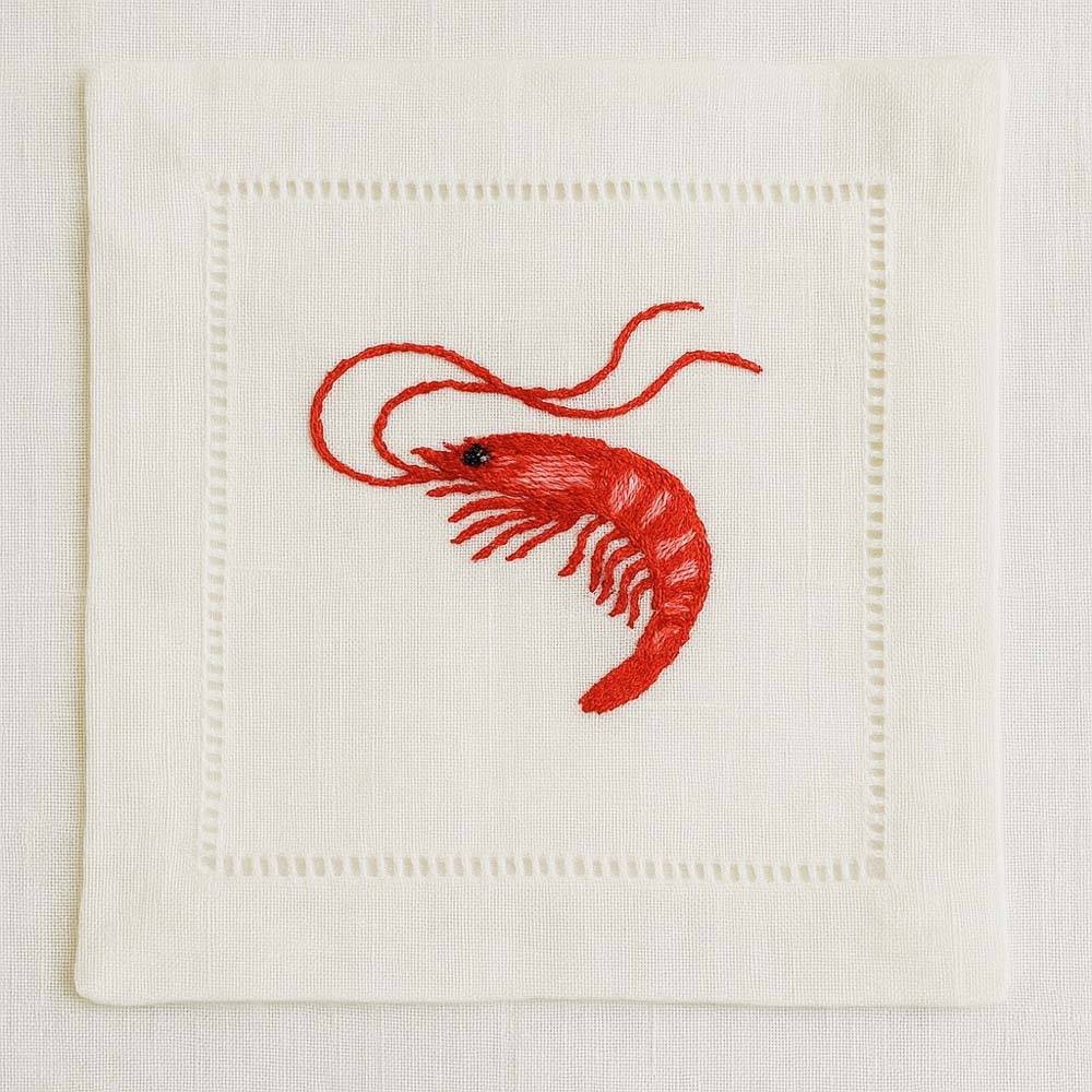 Shrimp – 100% Linen Embroidered Cocktail Napkins (Set of 4)