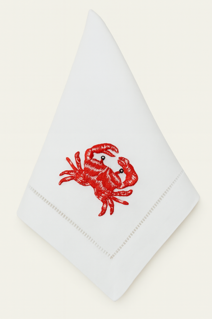Crab Embroidery – 100% Linen Embroidered Dinner Napkin (Sold Individually)