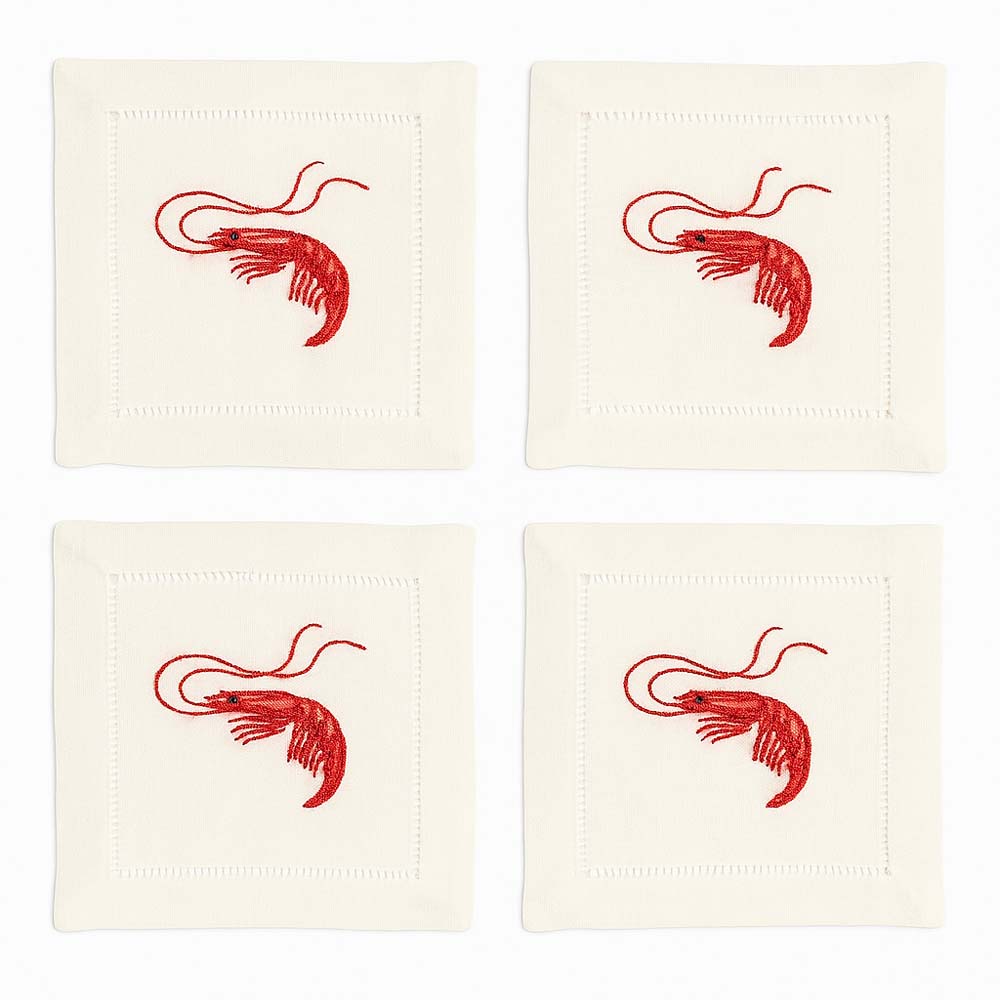 Shrimp – 100% Linen Embroidered Cocktail Napkins (Set of 4)