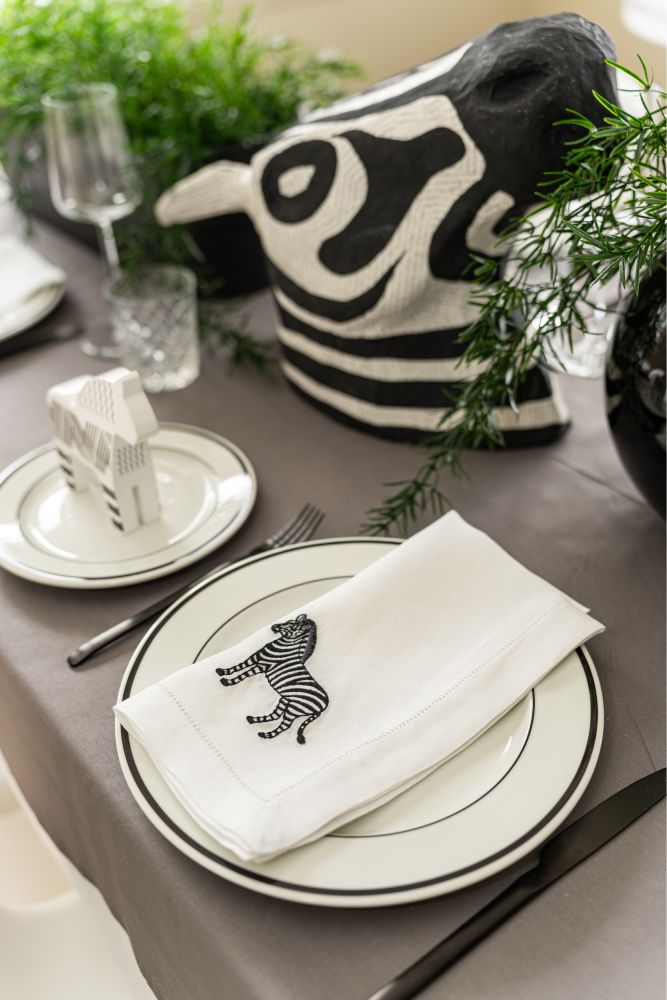 Zebra – 100% Linen Embroidered Dinner Napkin (Sold Individually)