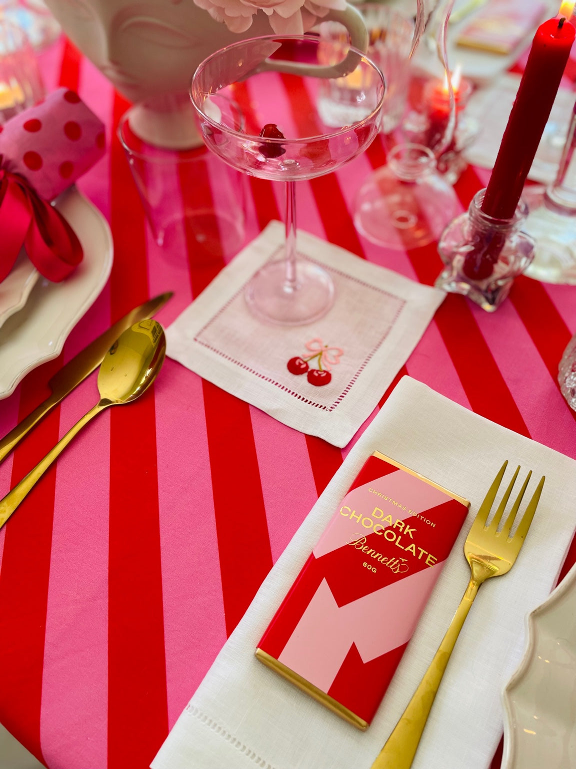 Cherry – 100% Linen Embroidered Cocktail Napkins (Set of 4)