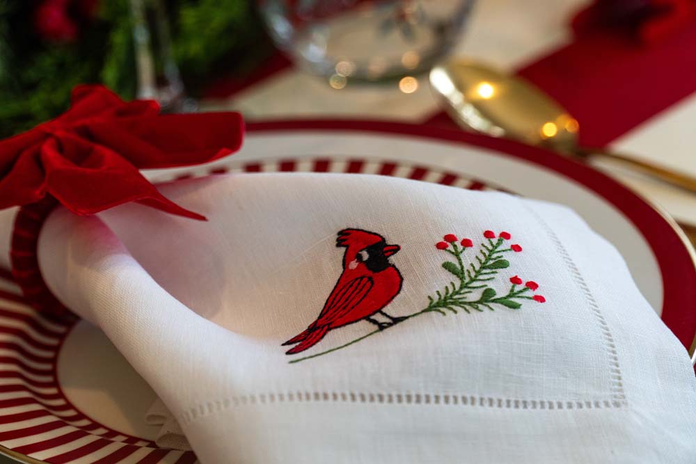 Christmas Cardinal Bird – 100% Linen Embroidered Dinner Napkin (Sold Individually)
