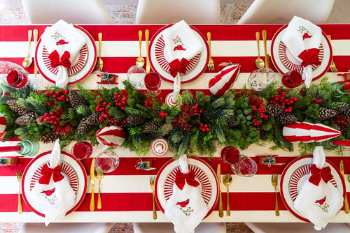 Christmas Cardinal Bird – 100% Linen Embroidered Dinner Napkin (Sold Individually)